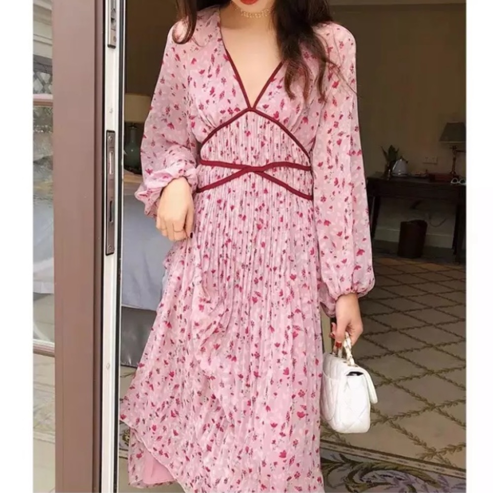 Vintage fairy pink flower red ribbon dress
